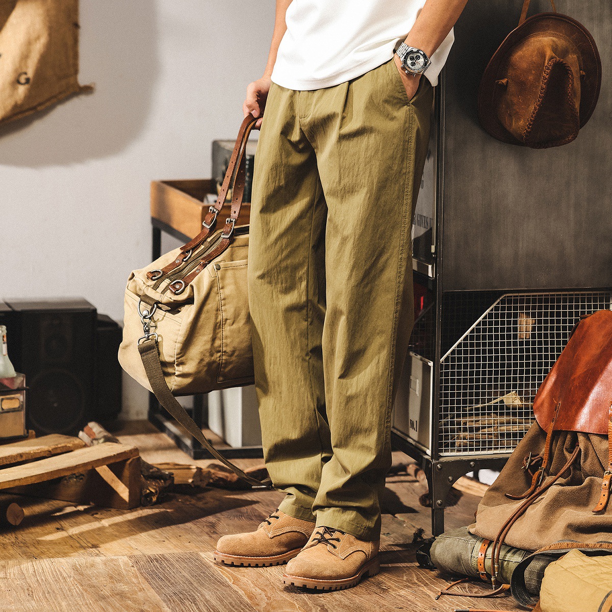 美式復古軍綠色褲子男款夏季薄款速幹工裝褲寬鬆直筒男士休閒長褲