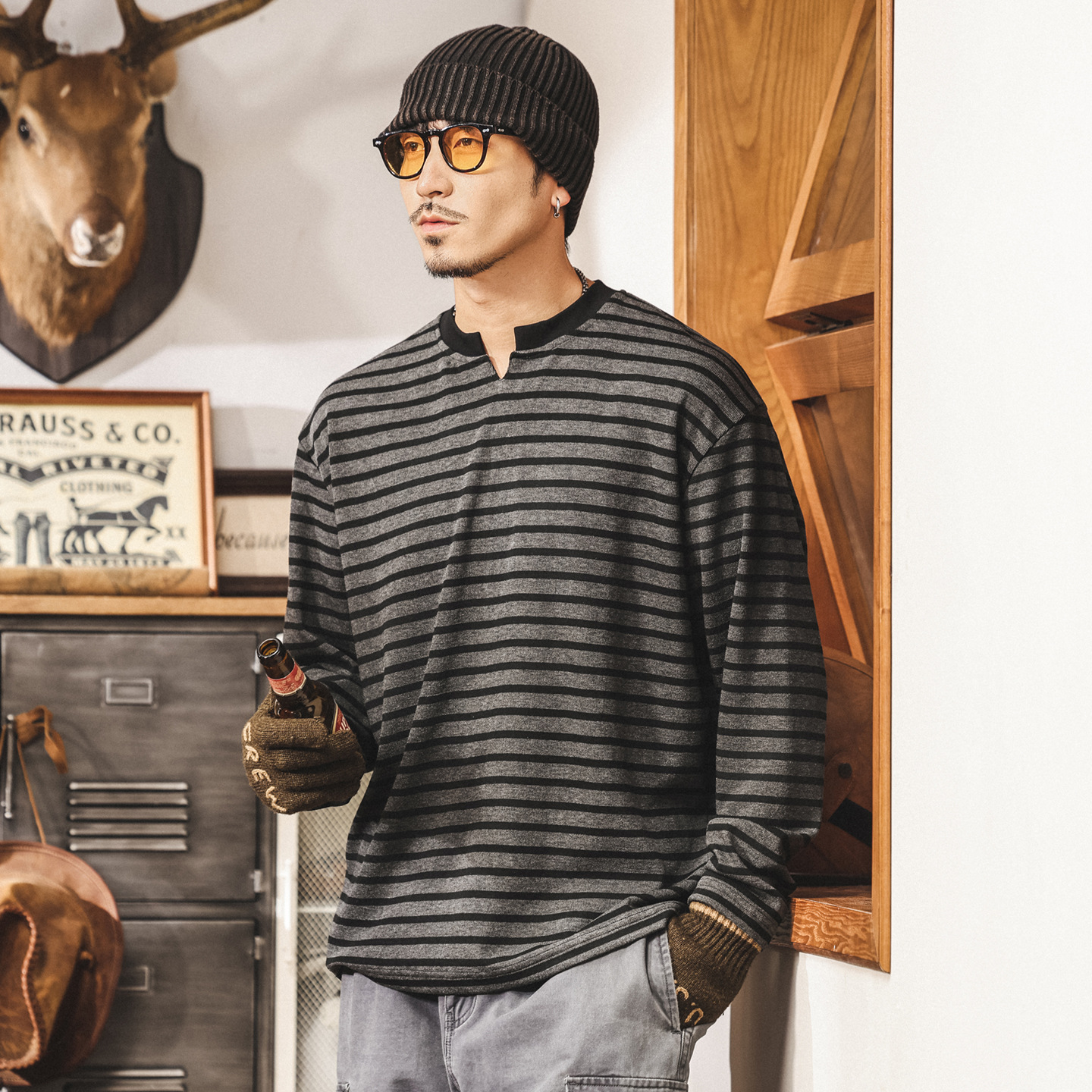 美式復古潮流條紋長袖t恤男秋季2025新款潮牌寬鬆海魂衫v領上衣男