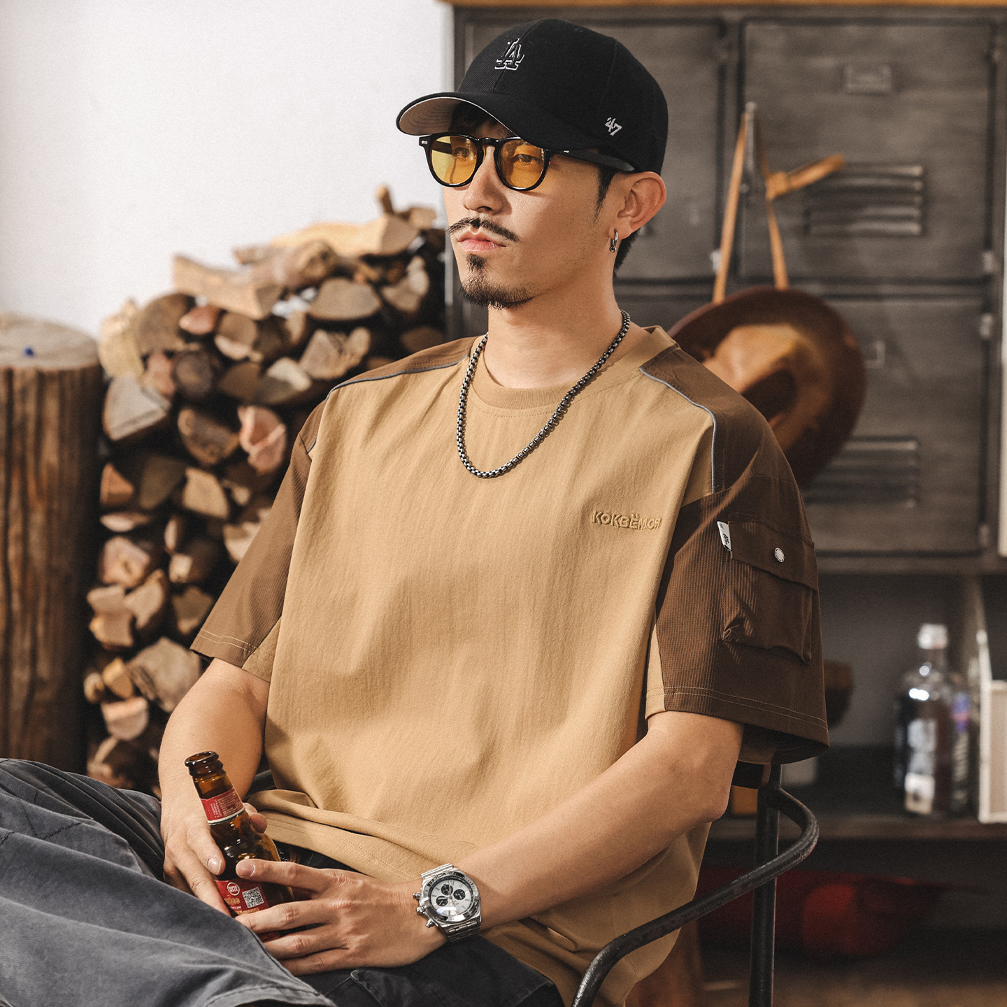 美式復古潮流男士夏季短袖t恤2025新款拼接撞色體恤寬鬆休閒上衣