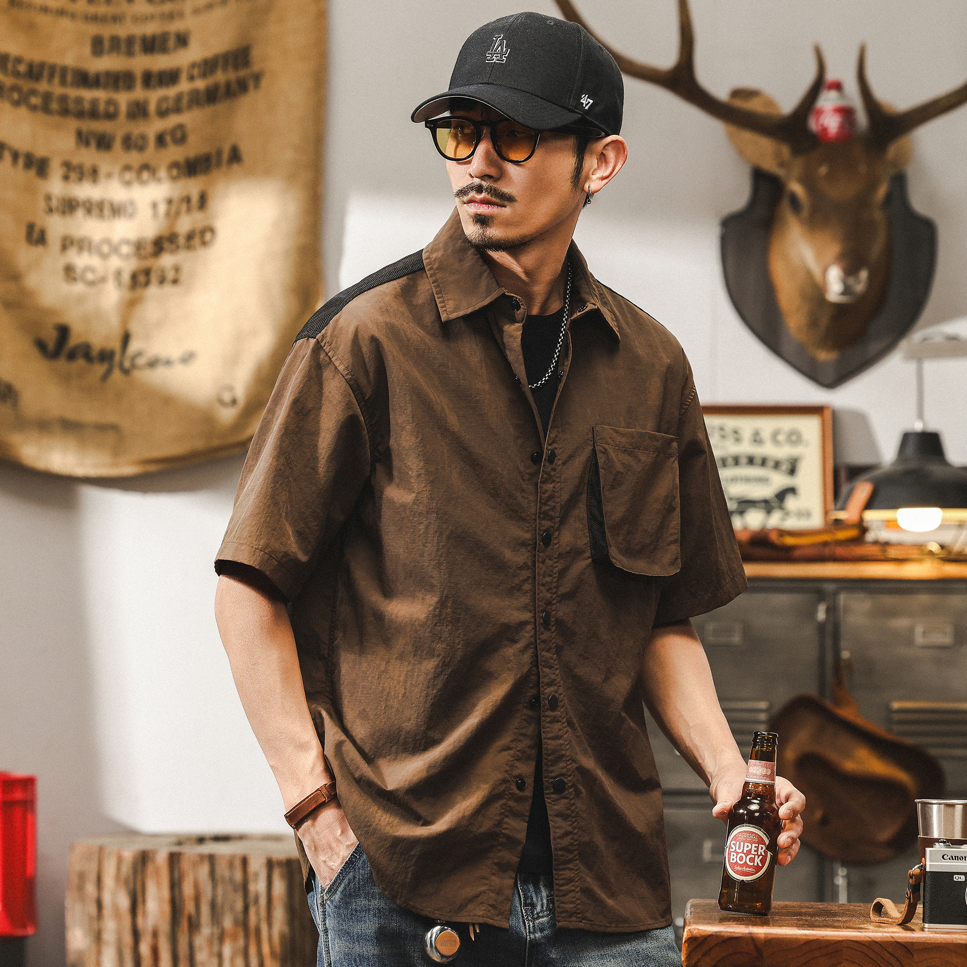 美式復古咖色短袖襯衫男夏季2025新款潮流戶外獵裝寬鬆工裝襯衣男