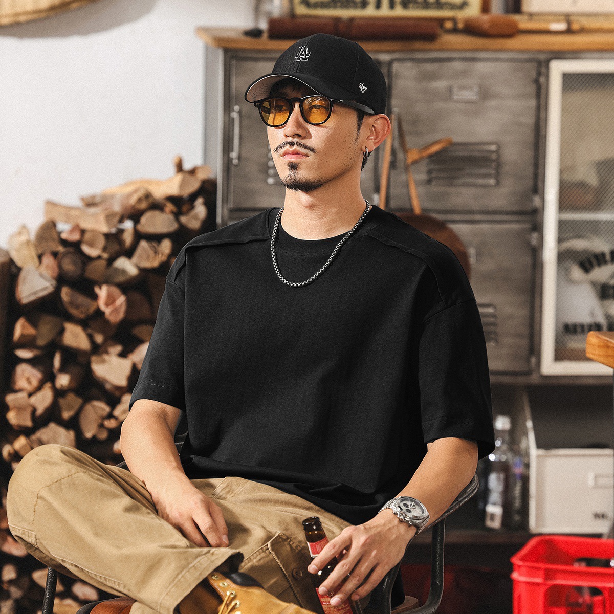 美式復古夏季涼感T恤男短袖重磅痞帥設計感拼接潮流寬鬆上衣