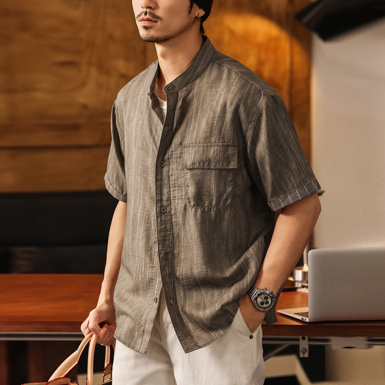 老錢風萊賽爾亞麻條紋短袖襯衫男夏季潮牌新中式男裝寬鬆立領襯衣