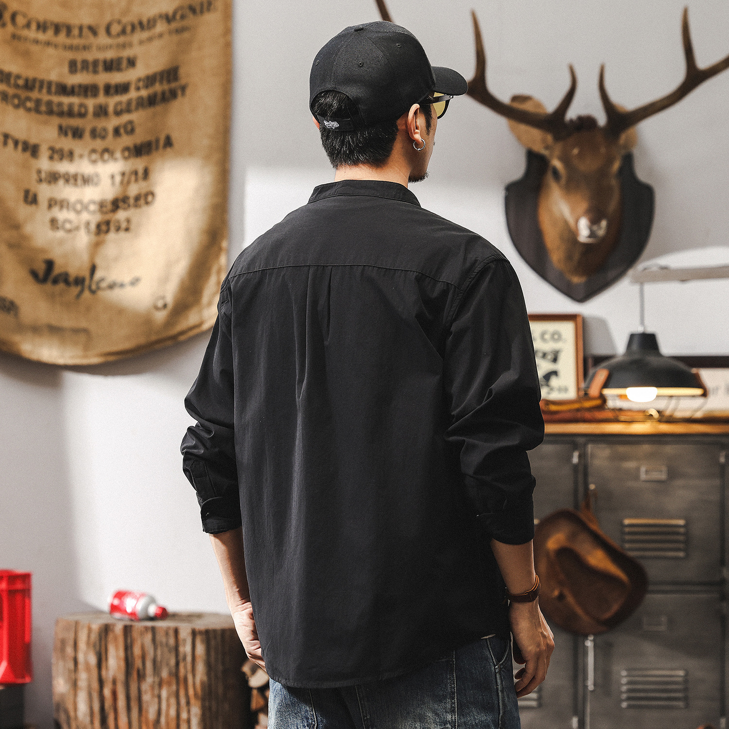 傑雷諾復古立領襯衫男長袖秋季2025新款潮流寬鬆休閒黑色男士襯衣