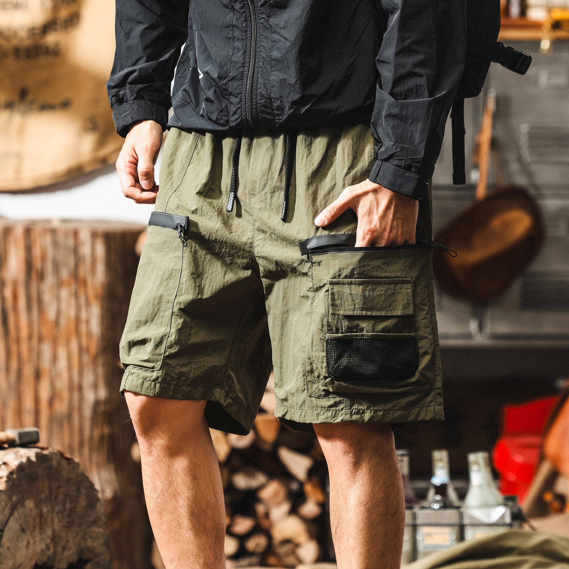 美式戶外防水速幹軍綠色工裝短褲男夏季薄款戰術獵裝寬鬆五分褲男