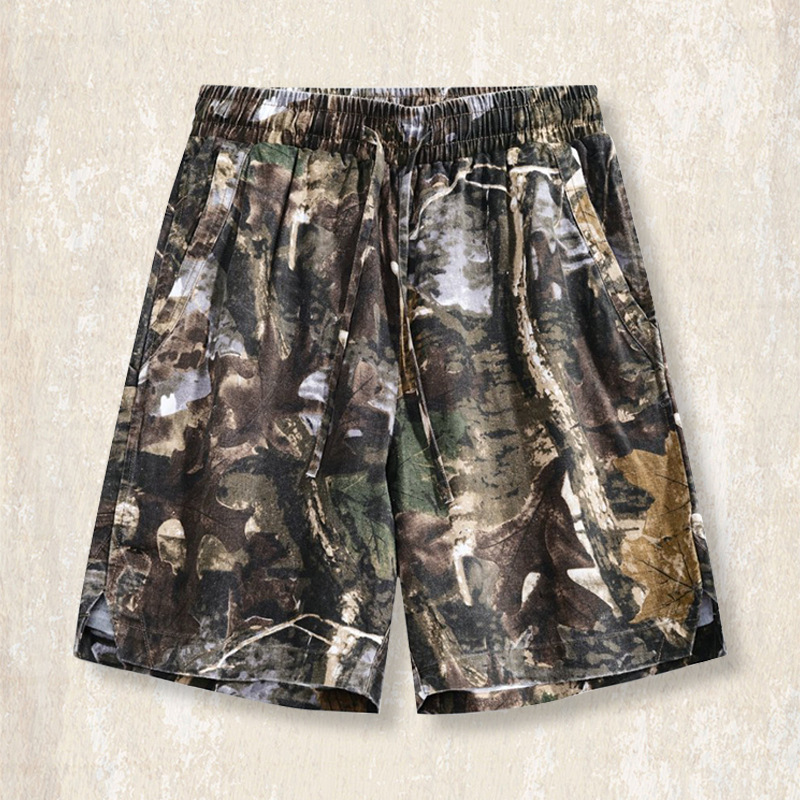 中式復古苧麻迷彩工裝短褲男夏季新款沙灘褲男士寬鬆潮流五分中褲