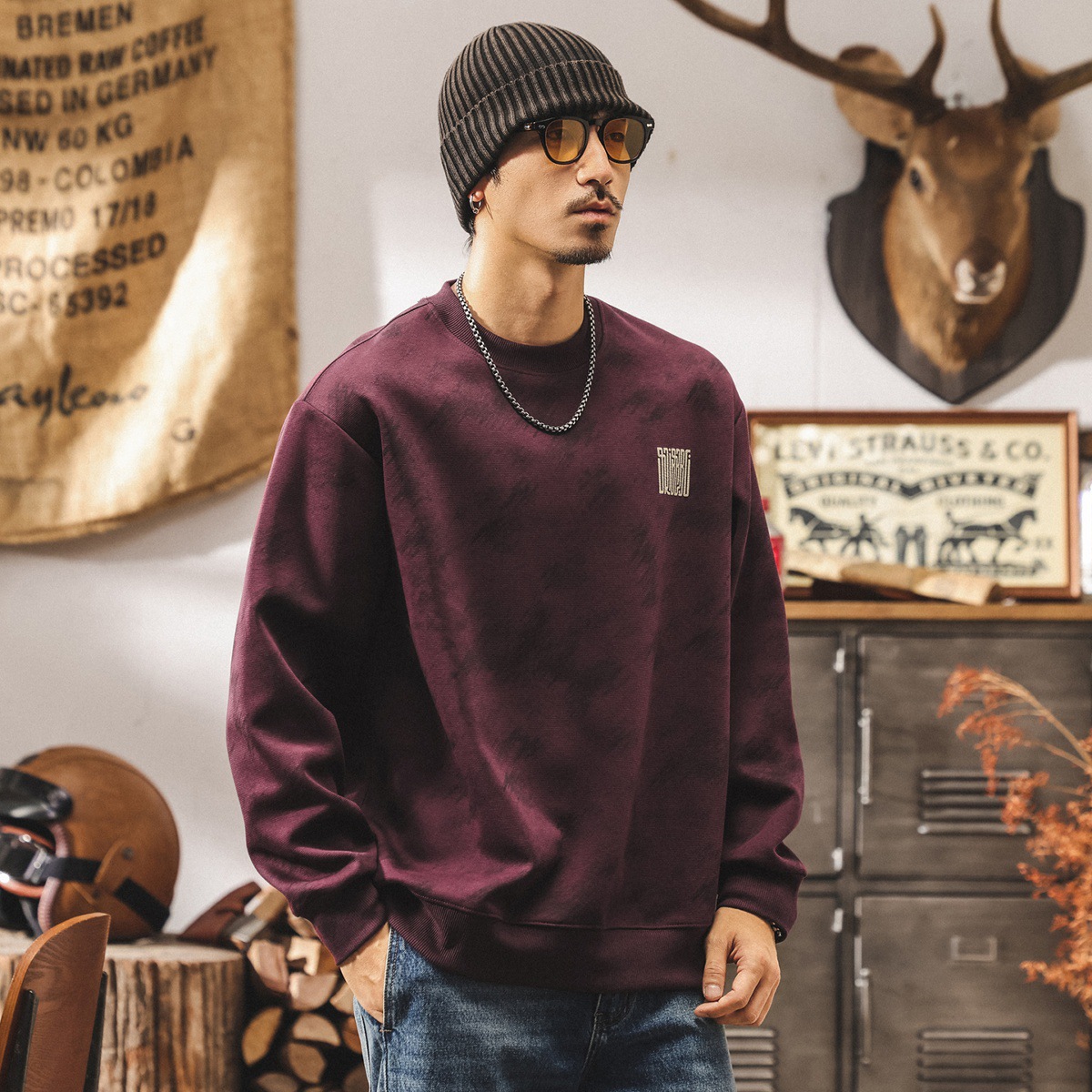 美式復古重磅圓領衛衣男春秋2025新款潮牌百搭寬鬆大碼休閒上衣男