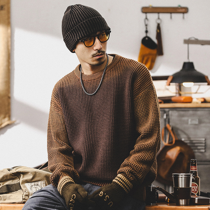 美式復古重磅毛衣男寬鬆潮牌撞色秋冬款美拉德慵懶風針織衫外套男