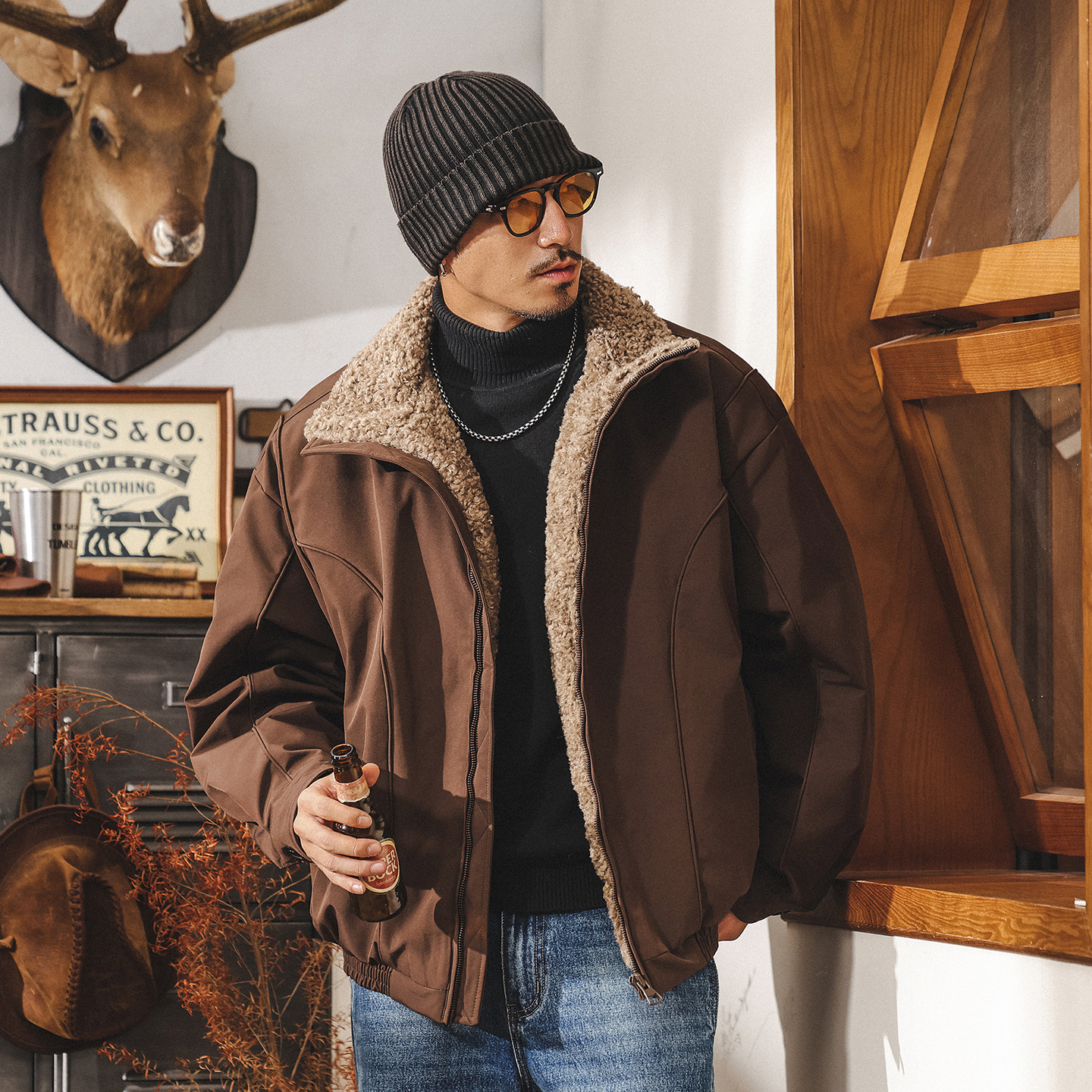 美式復古90鴨絨座山雕毛領羽絨服男冬季加厚禦寒羊羔毛保暖外套男