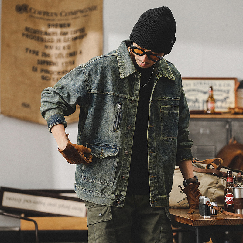 美式復古黃泥染牛仔外套男春季2024新款潮牌痞帥男士休閒工裝夾克