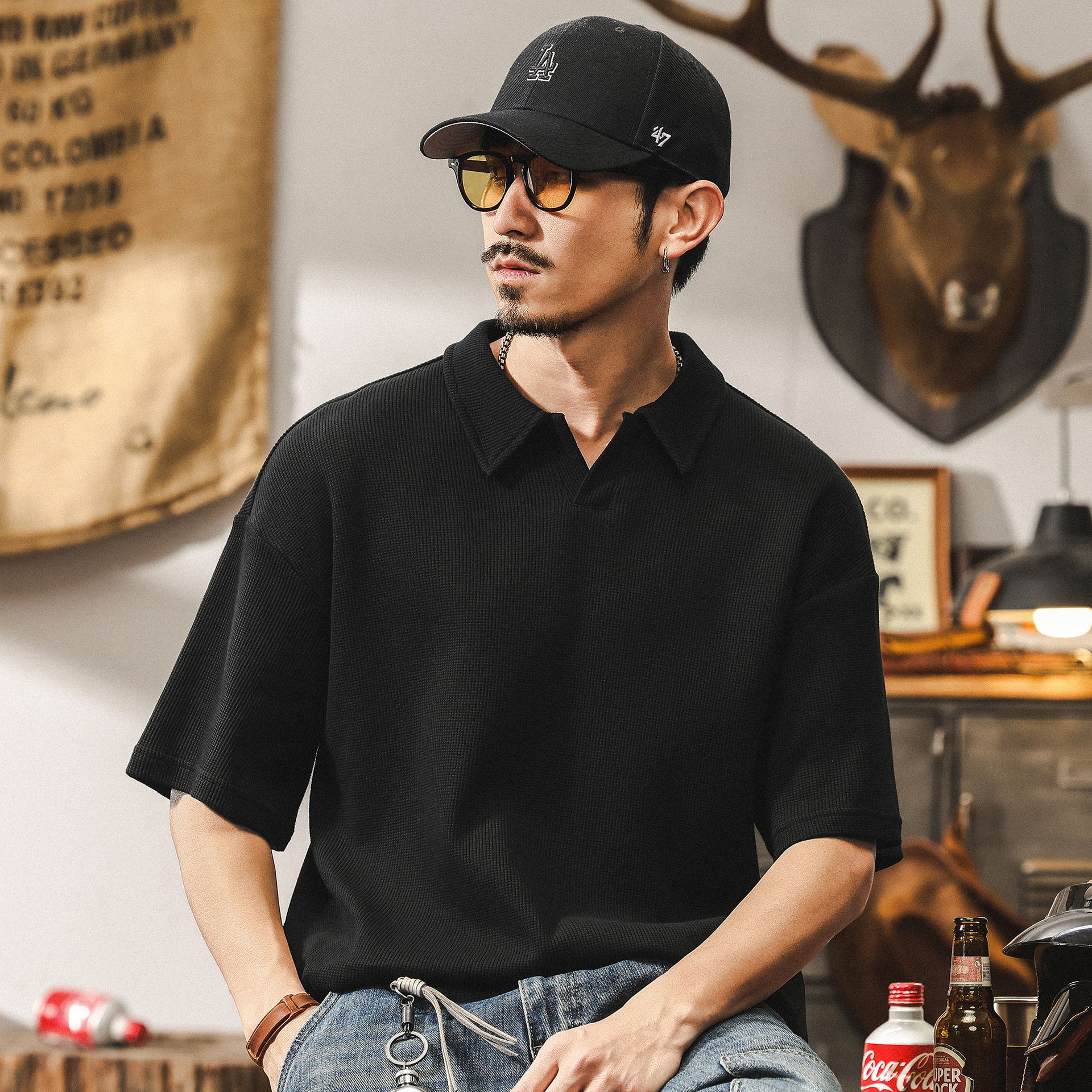 美式經典復古海鷗領Polo衫男夏季潮牌寬鬆基礎高級感男士短袖T恤