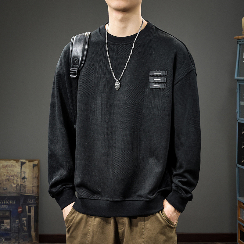 秋冬新款重磅提花衛衣男美式復古寬鬆大碼打底衫加絨拼接圓領上衣
