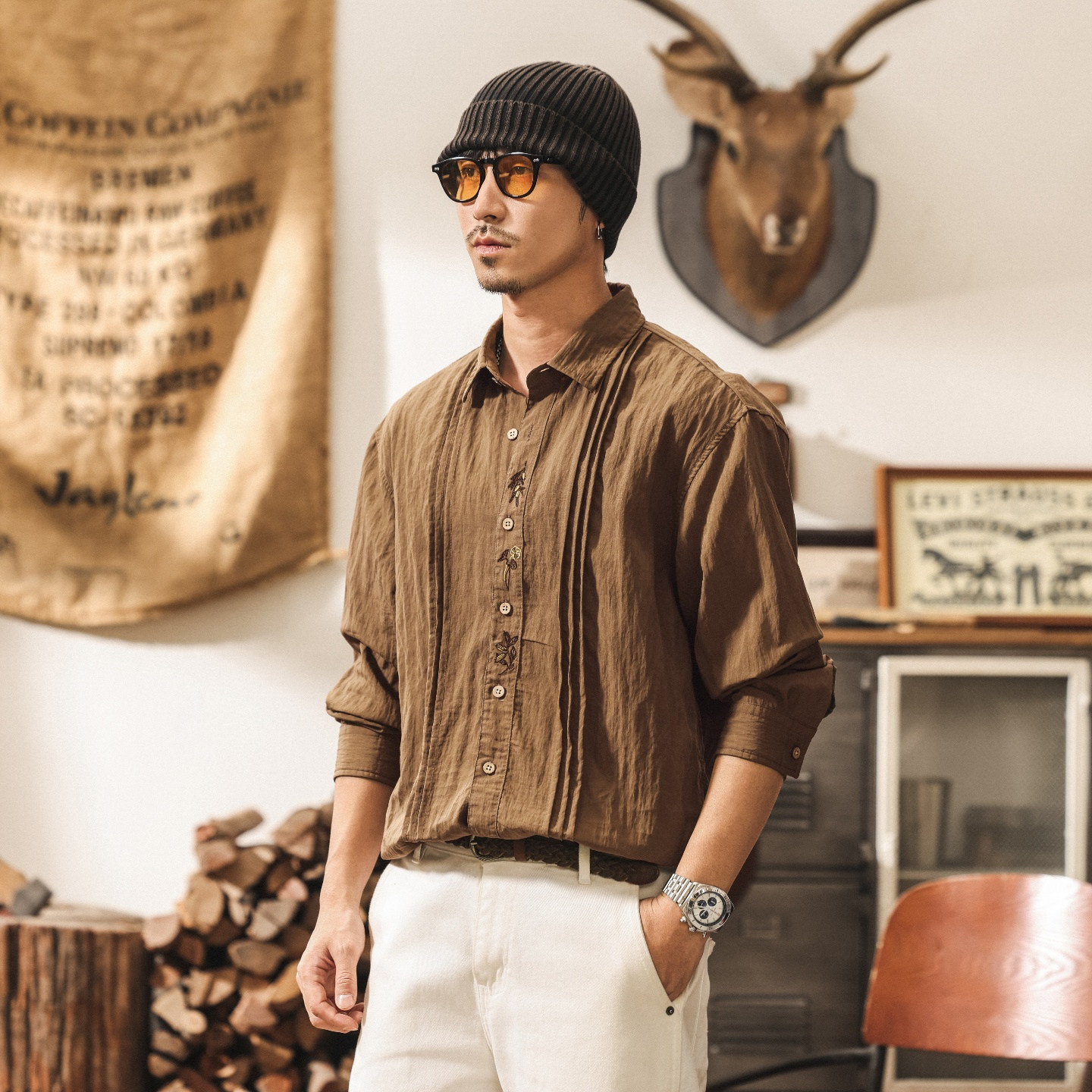 新中式國風刺繡萊賽爾天絲襯衫男春季薄款透氣寬鬆休閒長袖襯衣男