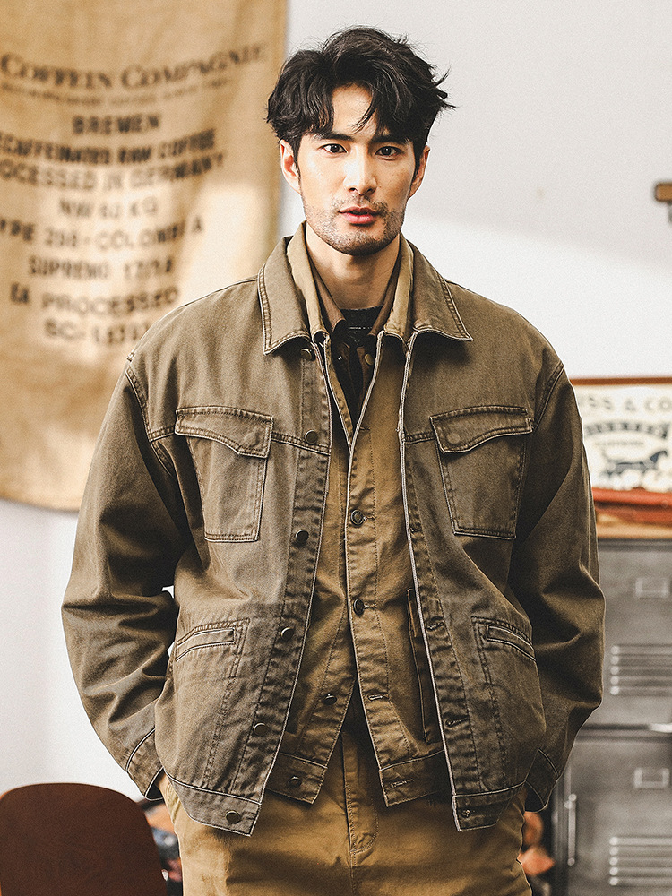 美式複古酒紅色重磅牛仔外套男春秋款潮流阿蘇特工裝秋季休閑夾克