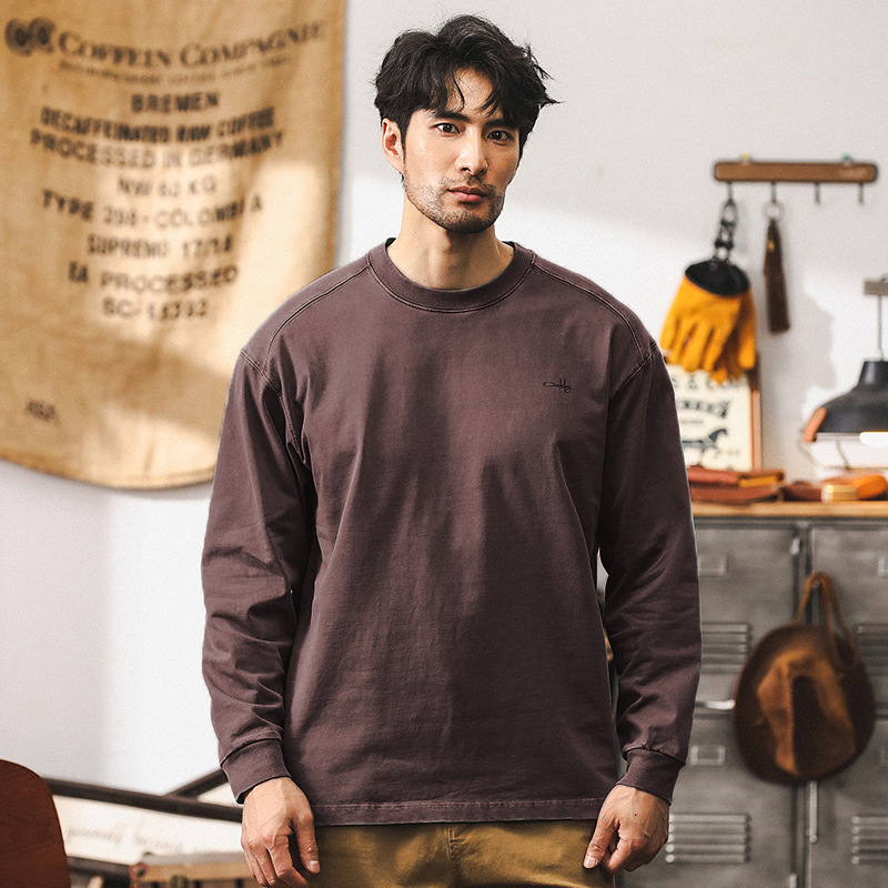 美式重磅復古水洗T恤男長袖秋季潮牌男裝2024新款寬鬆男純棉上衣T