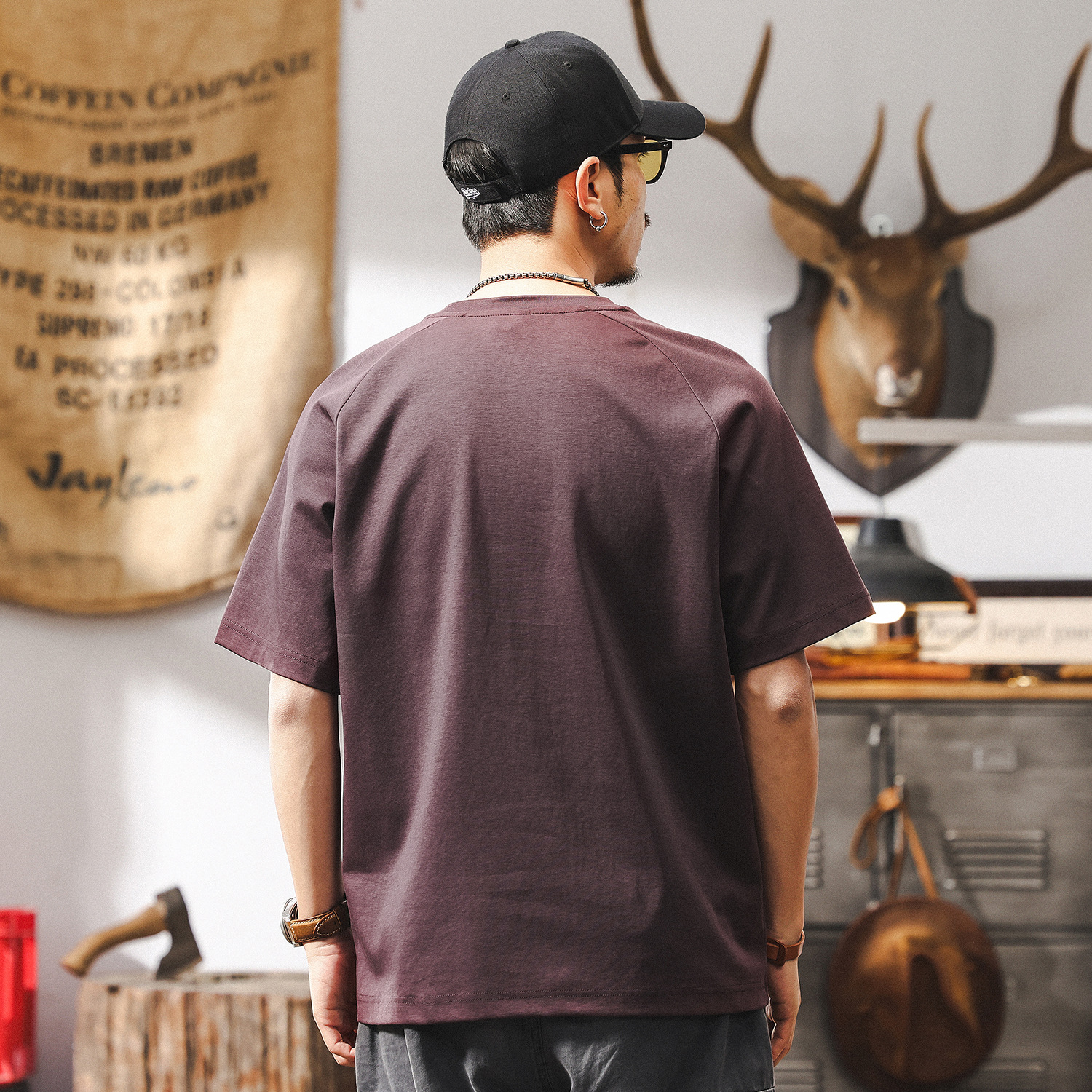 美式復古拼色短袖T恤男夏季2025新款潮牌寬鬆潮流紫色多巴胺上衣