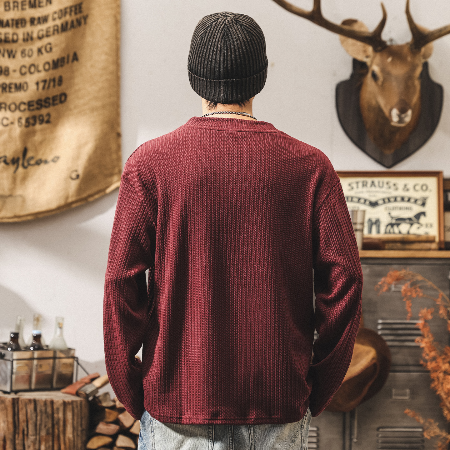 美式復古330g重磅針織長袖t恤男冬季新款潮流高級感提花男士衛衣