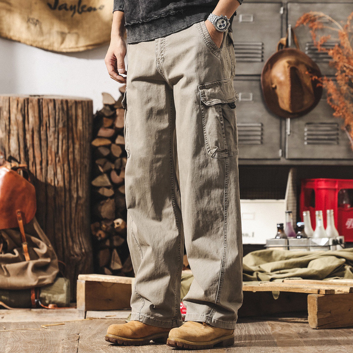 美式復古vibe風水洗廓形工裝褲子男春季新款寬鬆闊腿直筒休閒褲男