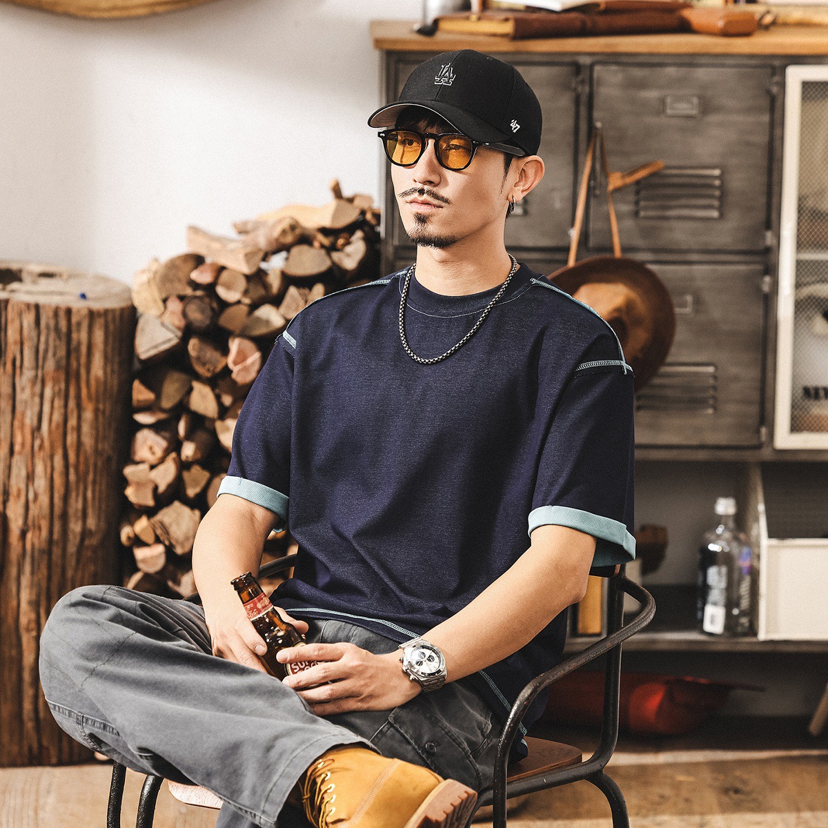 夏季涼感速幹T恤男7A級抗菌防蟎拼色假兩件寬鬆男士短袖上衣T體恤