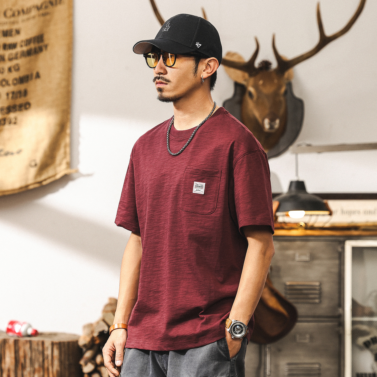 美式重磅復古竹節棉透氣T恤男夏季男士短袖衣服男裝涼感體恤