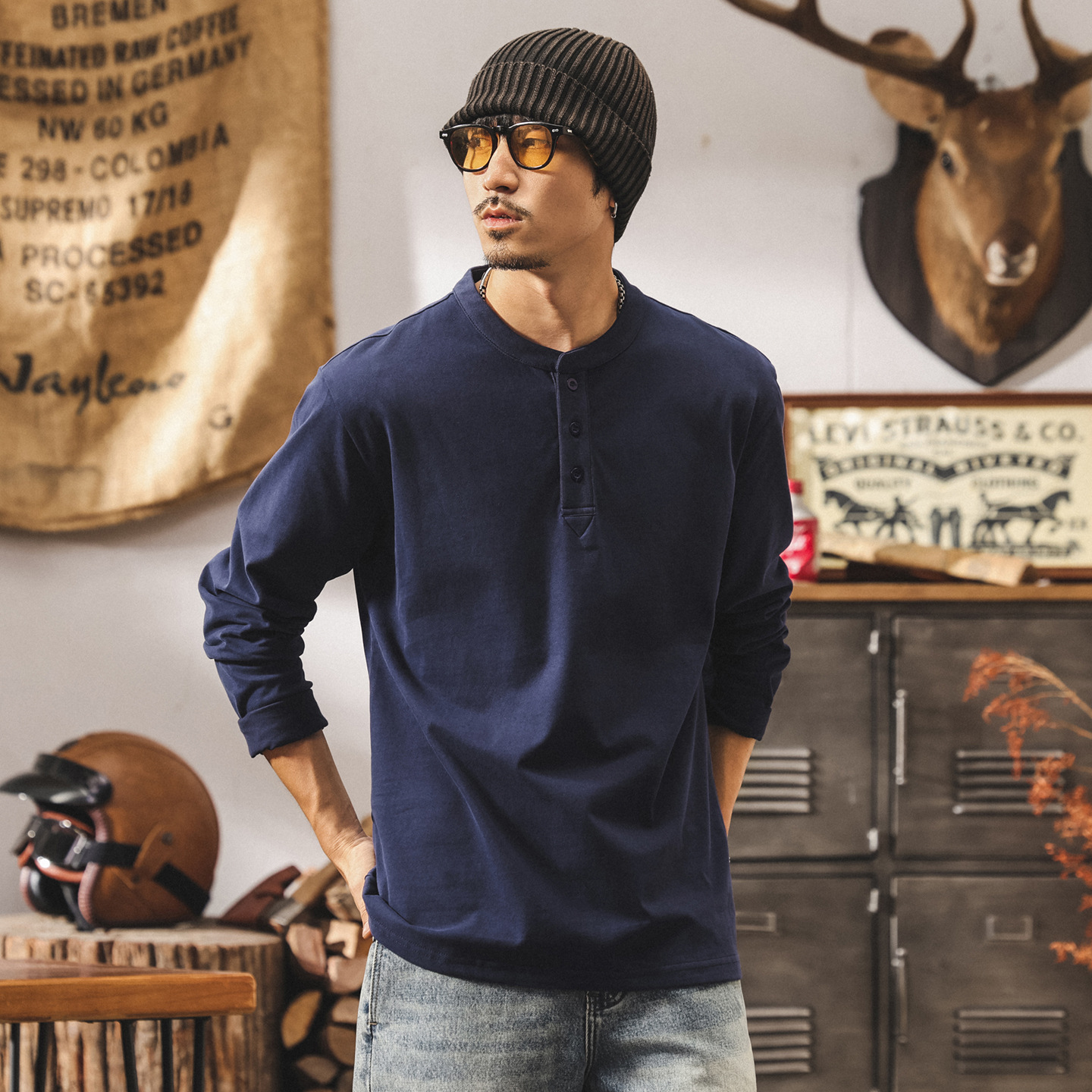 美式復古磨毛輕柔亨利領polo衫男新款長袖t恤男春秋寬鬆上衣