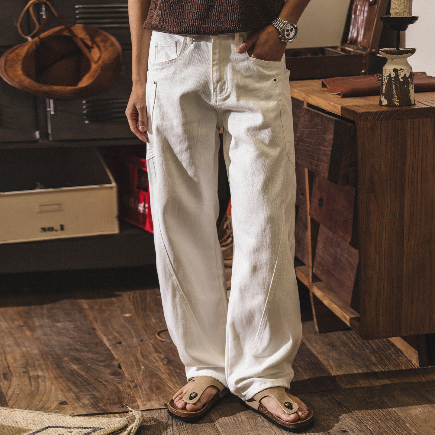 美式復古白色牛仔褲男2026春季潮牌直筒褲子男士工裝褲寬鬆彎刀褲