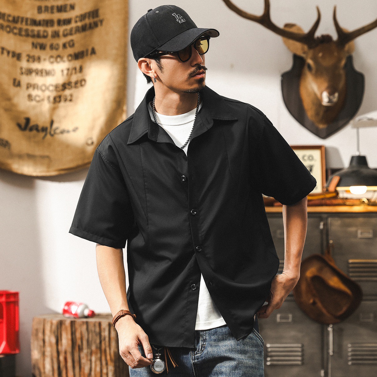 美拉德復古抗皺免燙莫代爾襯衫男款短袖夏季寬鬆垂感薄款男士襯衣