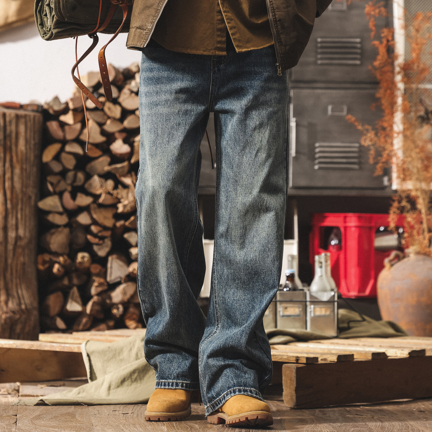 美式復古重磅長絨棉寬鬆微喇牛仔褲男2026春季潮牌水洗直筒休閒褲