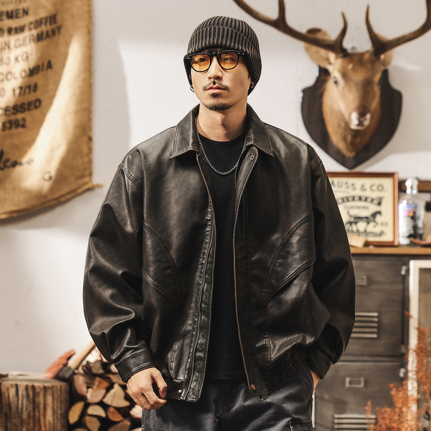 美式復古廢土風PU軟皮衣外套男春秋寬鬆不羈帥氣潮流機車皮夾克男