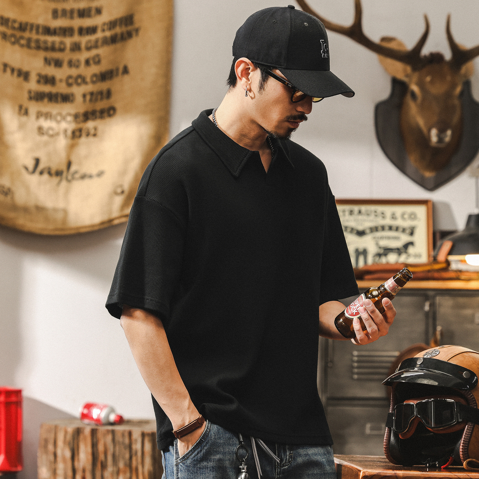 美式經典復古海鷗領Polo衫男夏季潮牌寬鬆基礎高級感男士短袖T恤