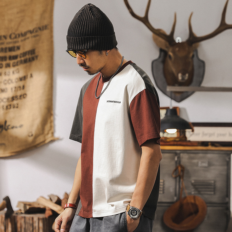 拼接撞色設計短袖男夏季2025新款美式復古250g重磅T恤男上衣
