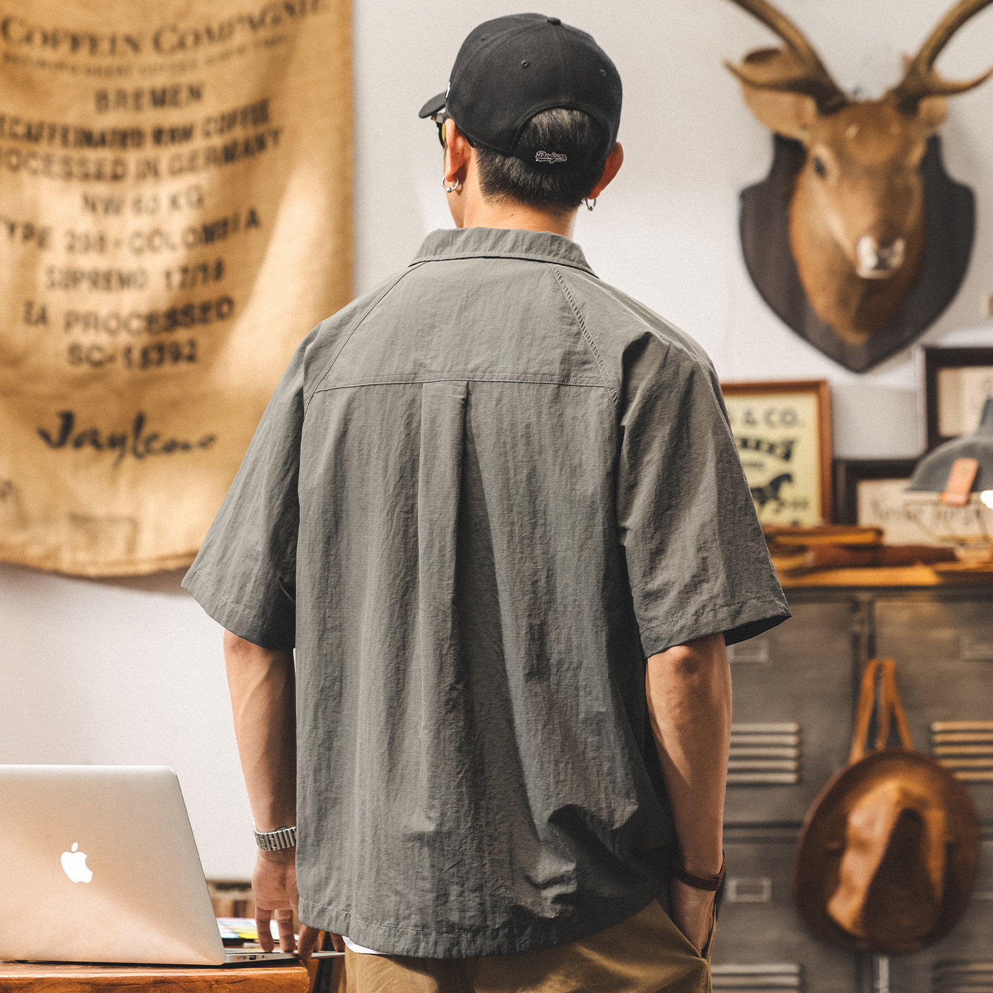 機能戶外速乾襯衫男夏季短袖2025新款潮流拼接撞色美式工裝襯衣男