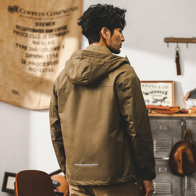 美式複古工裝夾克男春秋款潮牌軍綠色寬松上衣戶外防風連帽外套男