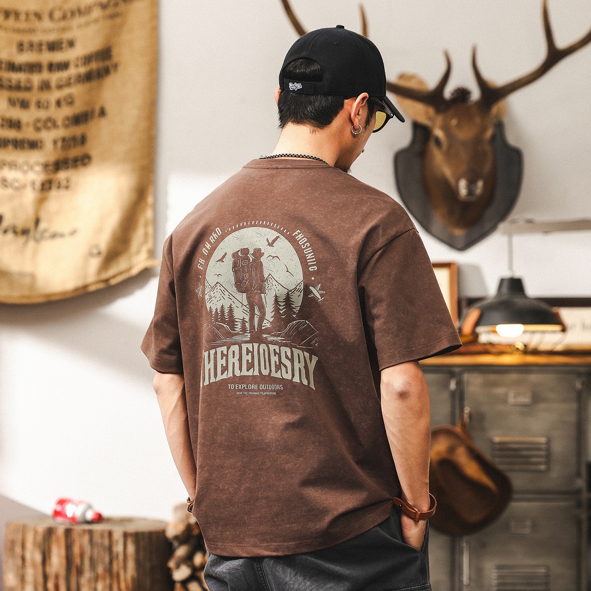 300g重磅蠟染水洗T恤男夏季短袖潮牌復古寬鬆戶外印花上衣男