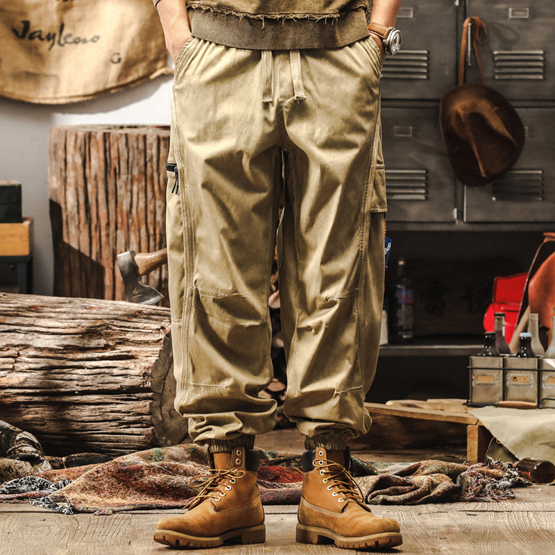 美式復古髒染做舊卡其色工裝褲男春季2025新款潮牌寬鬆闊腿休閒褲
