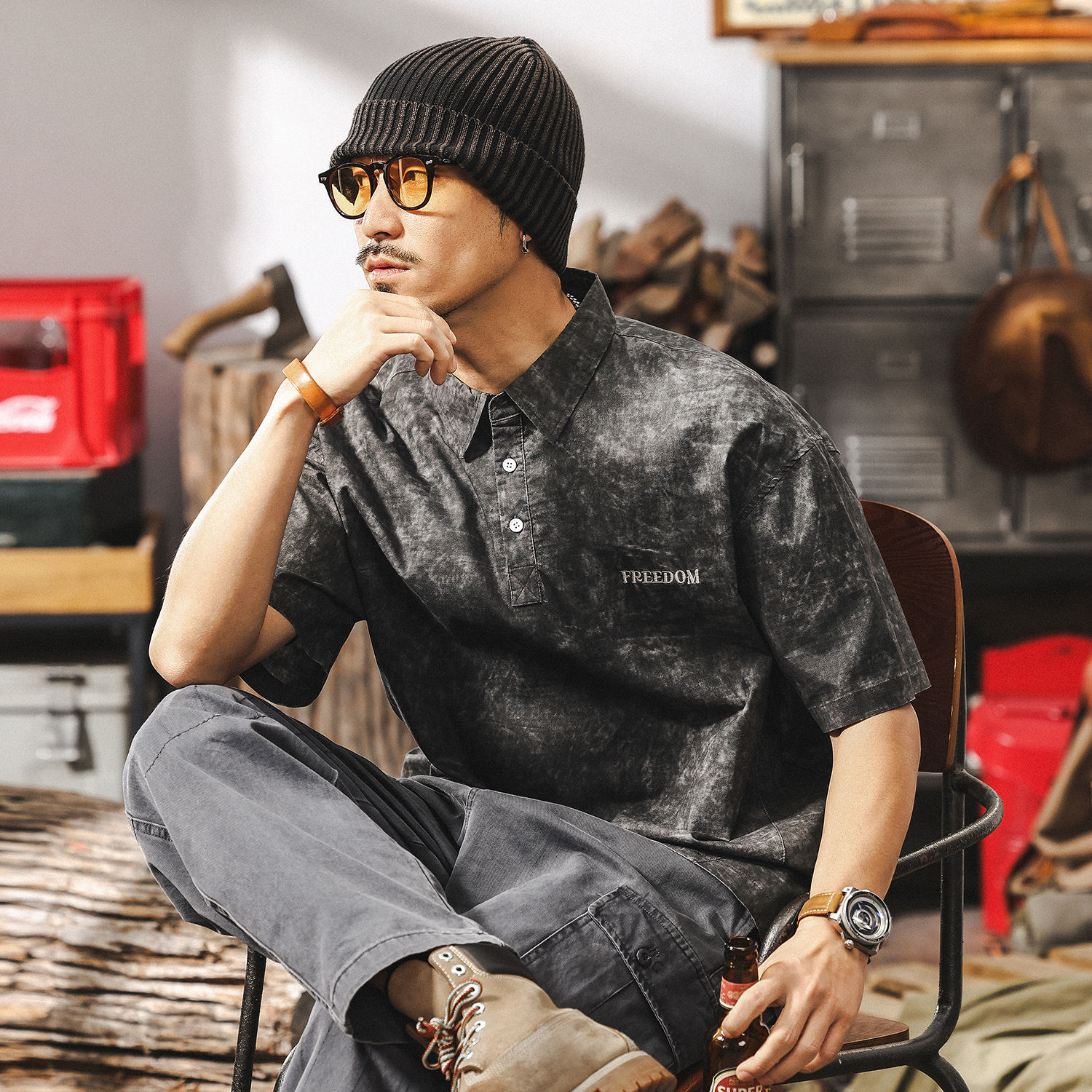 美式扎染水洗polo衫男夏季短袖潮牌高級感痞帥寬鬆刺繡翻領T恤男