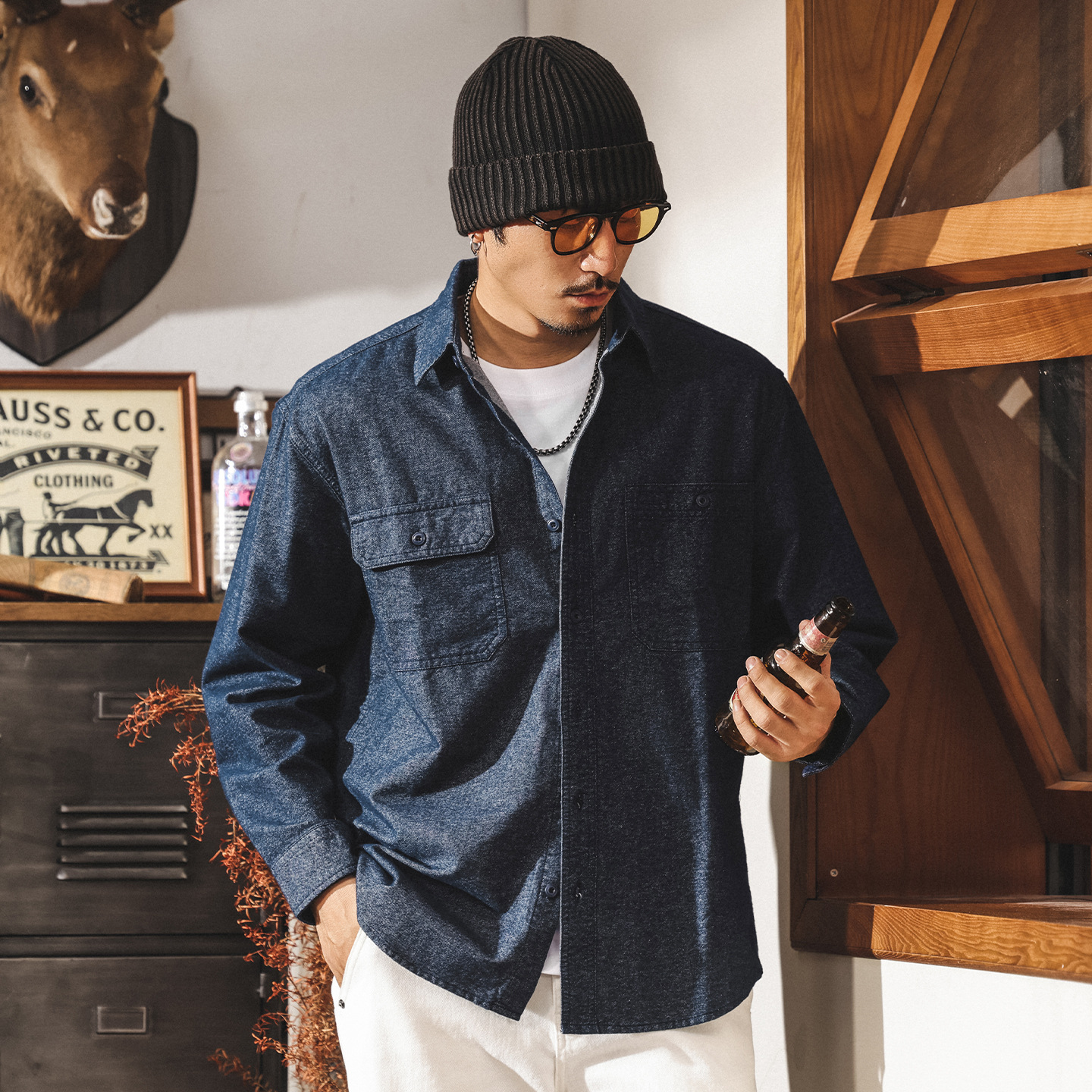 美式復古男士長袖襯衫春秋2025新款工裝寬鬆休閒襯衣秋季純棉外套