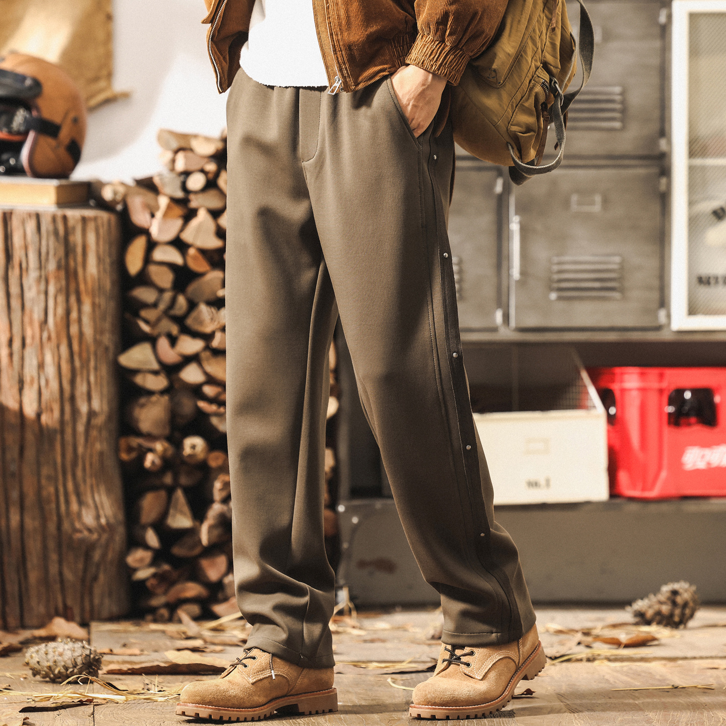 美式復古重磅空氣層衛褲男秋季新款男士寬鬆休閒直筒排扣運動長褲