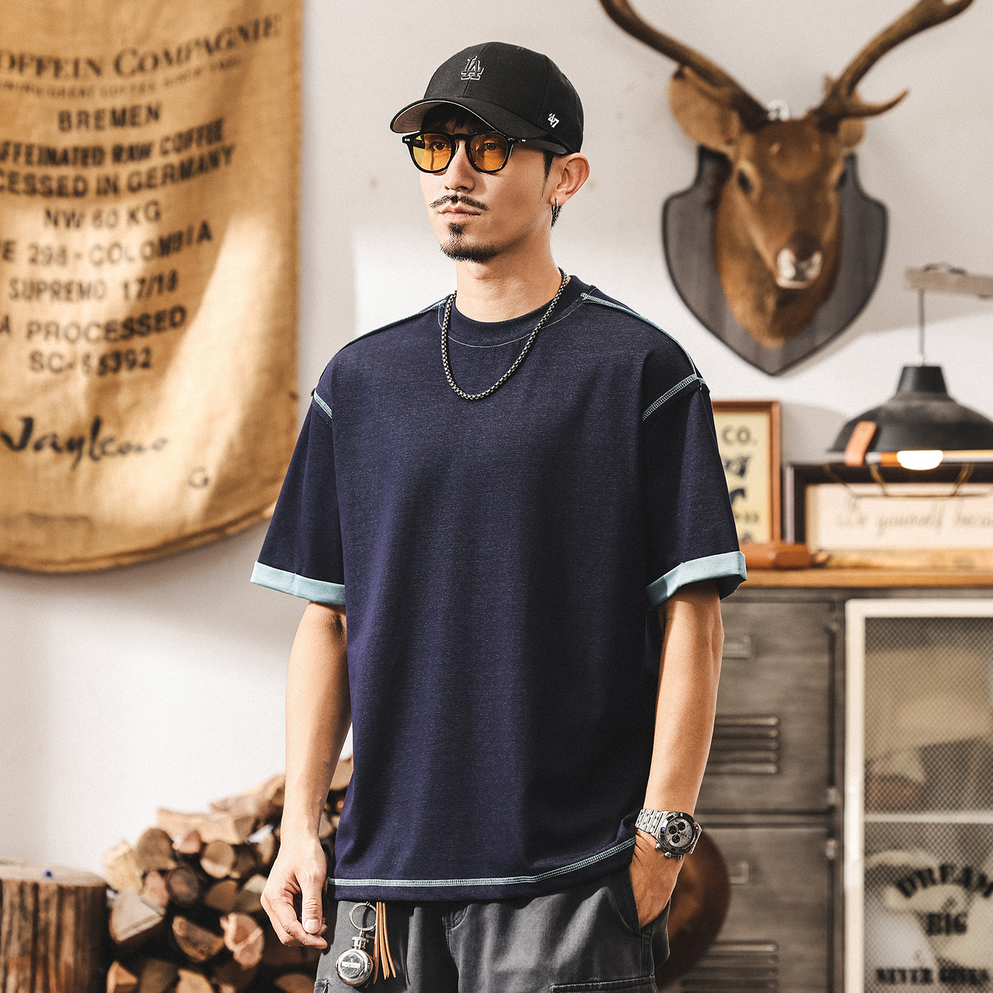 夏季涼感速幹T恤男7A級抗菌防蟎拼色假兩件寬鬆男士短袖上衣T體恤