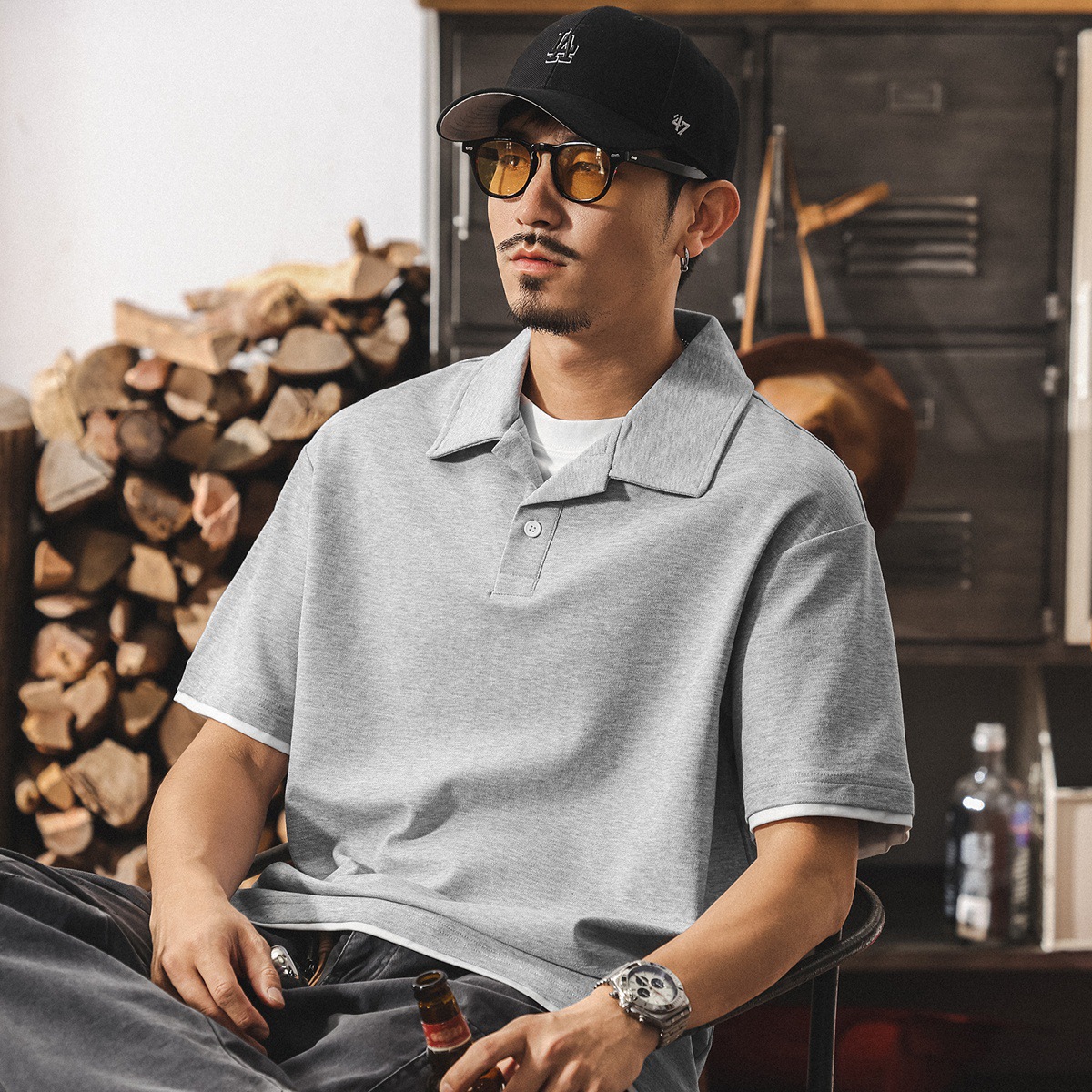 美式復古假兩件短袖Polo衫男士夏季潮牌寬鬆t恤男裝休閒半袖上衣T