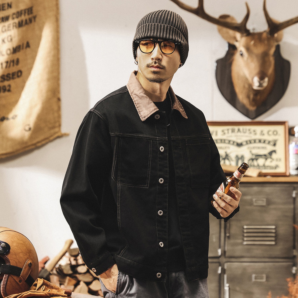 美式復古重磅穀倉工裝夾克男春秋新款潮牌寬鬆巴恩風翻領外套男款