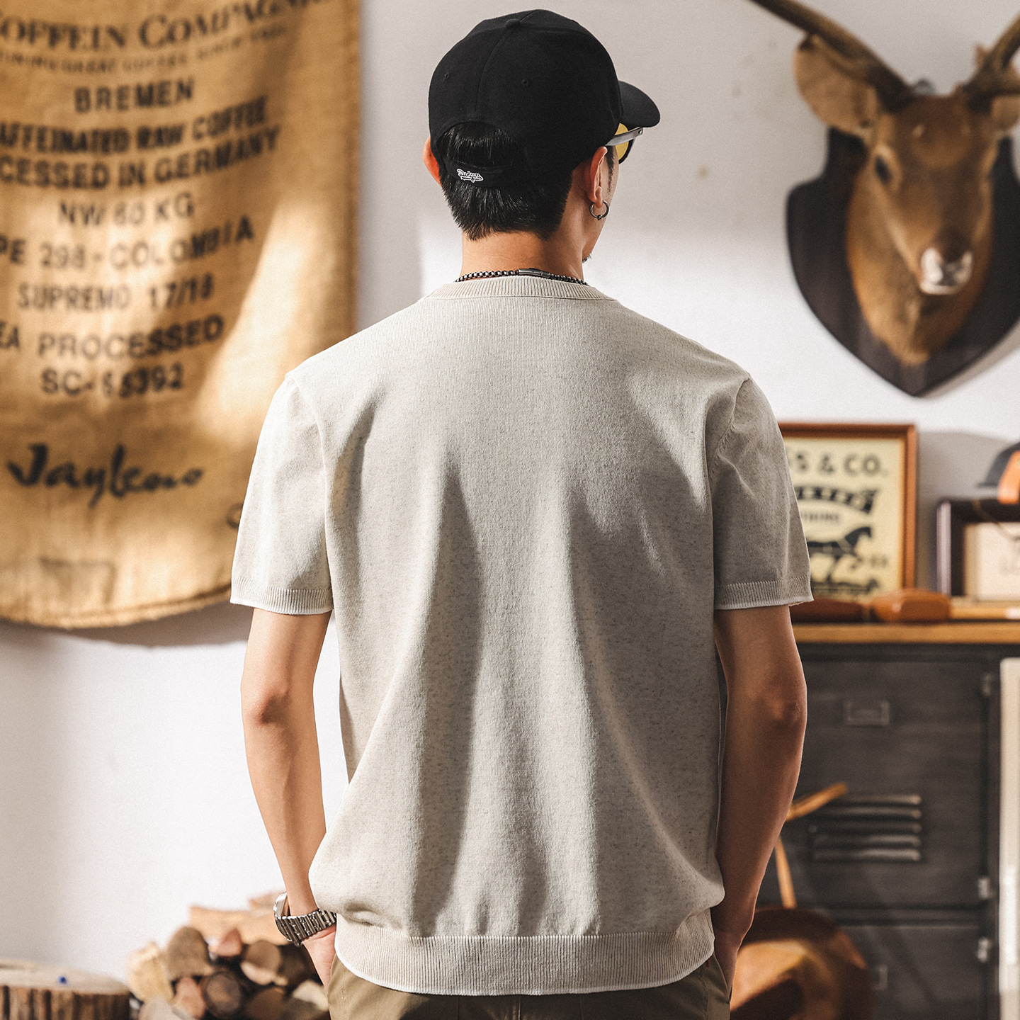 亞麻天絲短袖毛衣男夏季新款針織T恤男士拼色簡約百搭休閒上衣男