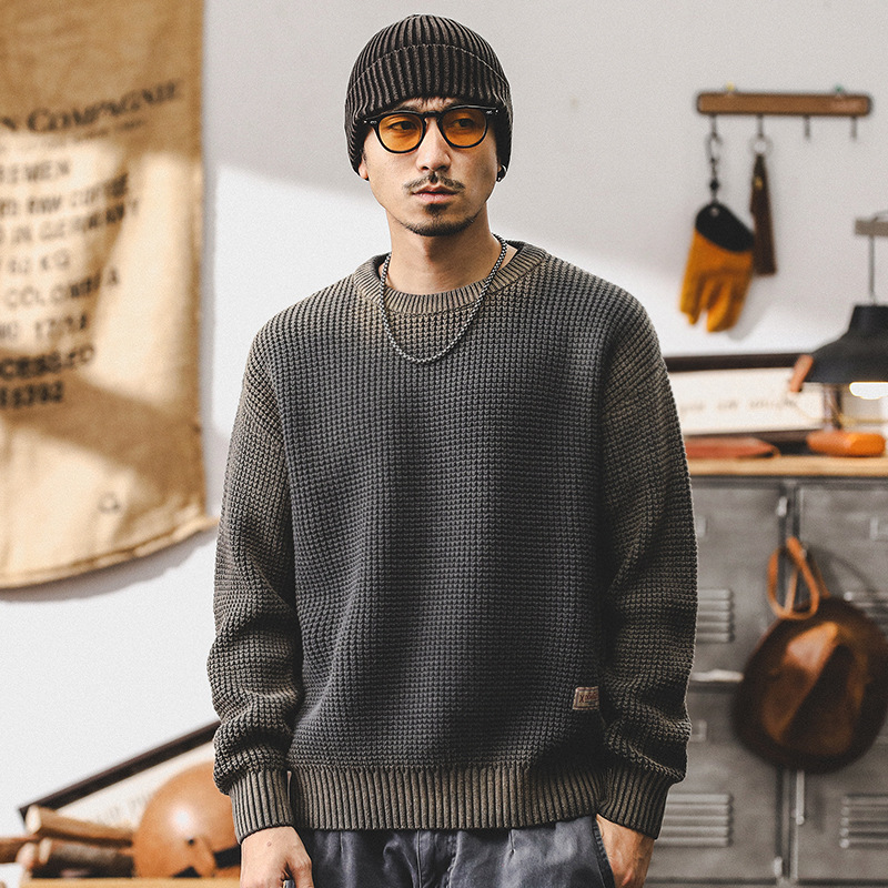 美式復古重磅毛衣男寬鬆潮牌撞色秋冬款美拉德慵懶風針織衫外套男