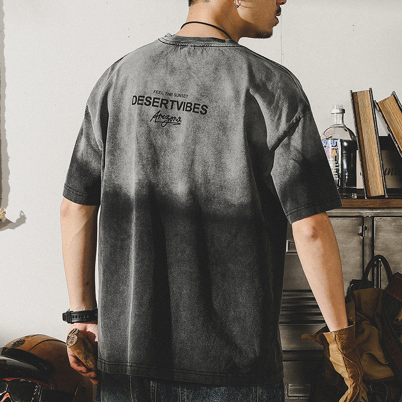 杰雷諾美式復古短袖T恤男夏季漸變扎染做舊親膚重磅衣服半袖