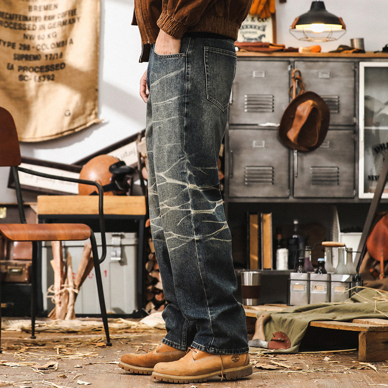 美式復古重磅直筒牛仔褲子男秋季潮牌2024新款設計感寬鬆休閒長褲