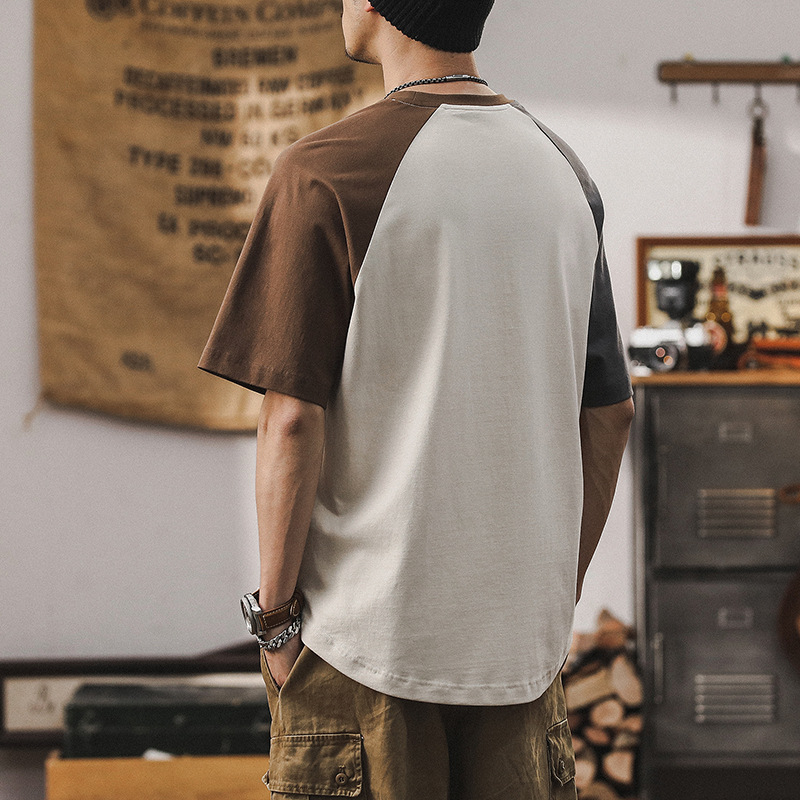 美式經典復古男士短袖T恤夏季寬鬆撞色拼接上衣潮牌休閑體恤男裝