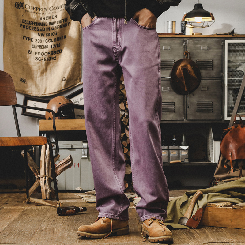 美式復古紫色牛仔褲男寬鬆直筒重磅工裝褲子男秋季丹寧潮流休閒褲
