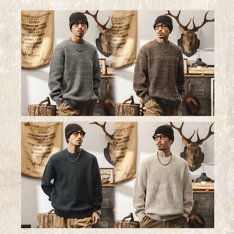美式復古重磅毛衣男冬季加厚潮牌線衫男日系慵懶風寬鬆休閒針織衫