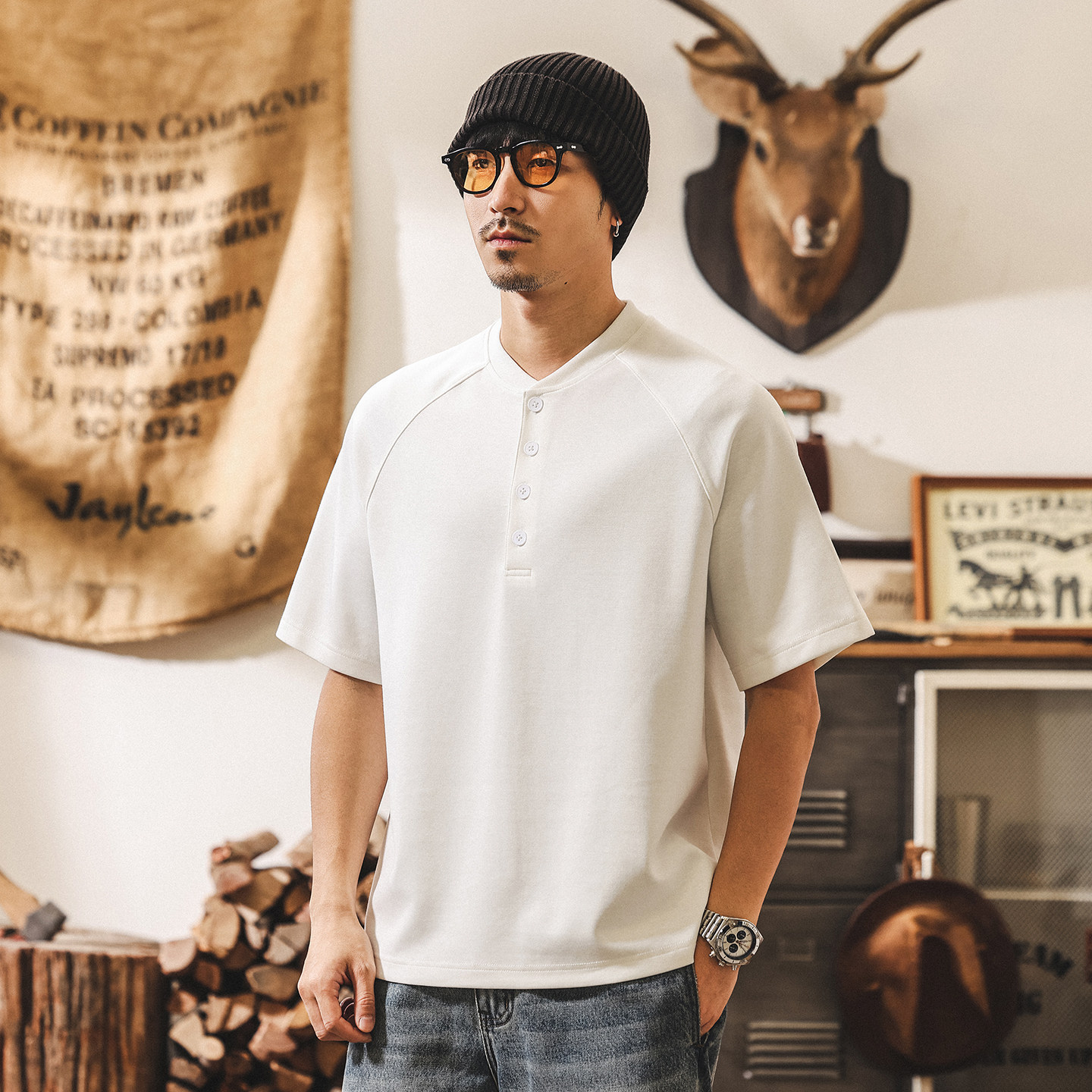 美式復古糯滑果凍棉男士Polo衫短袖夏季T恤新款寬鬆亨利衫上衣男