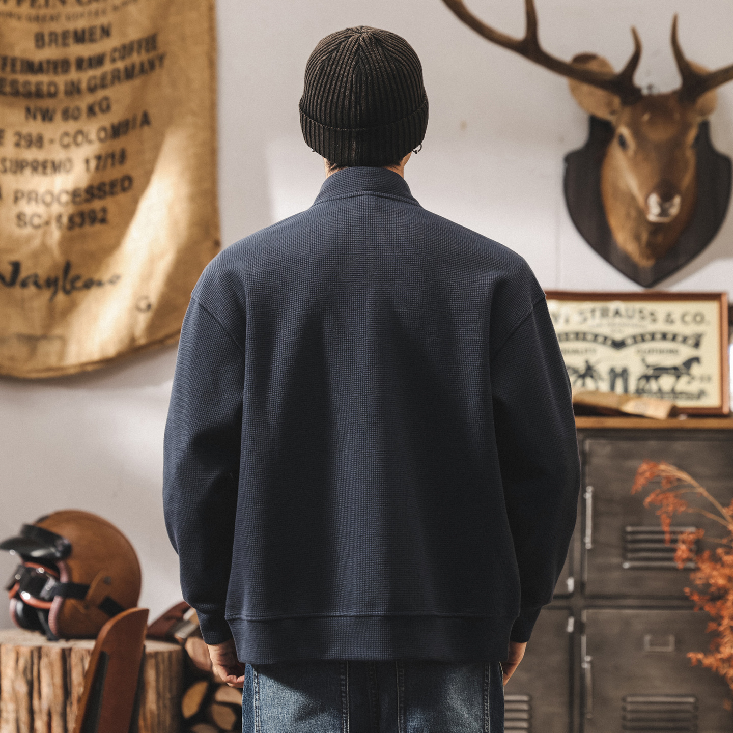 美式復古華夫格開衫外套男春秋慵懶風重磅衛衣寬鬆休閒外套男秋冬