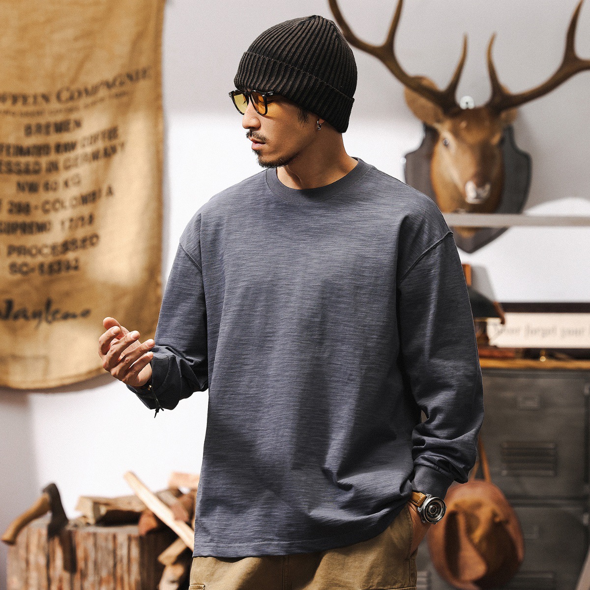 竹節肌理T恤男長袖春秋季2025新款多巴胺紫色寬鬆簡約男士上衣T潮